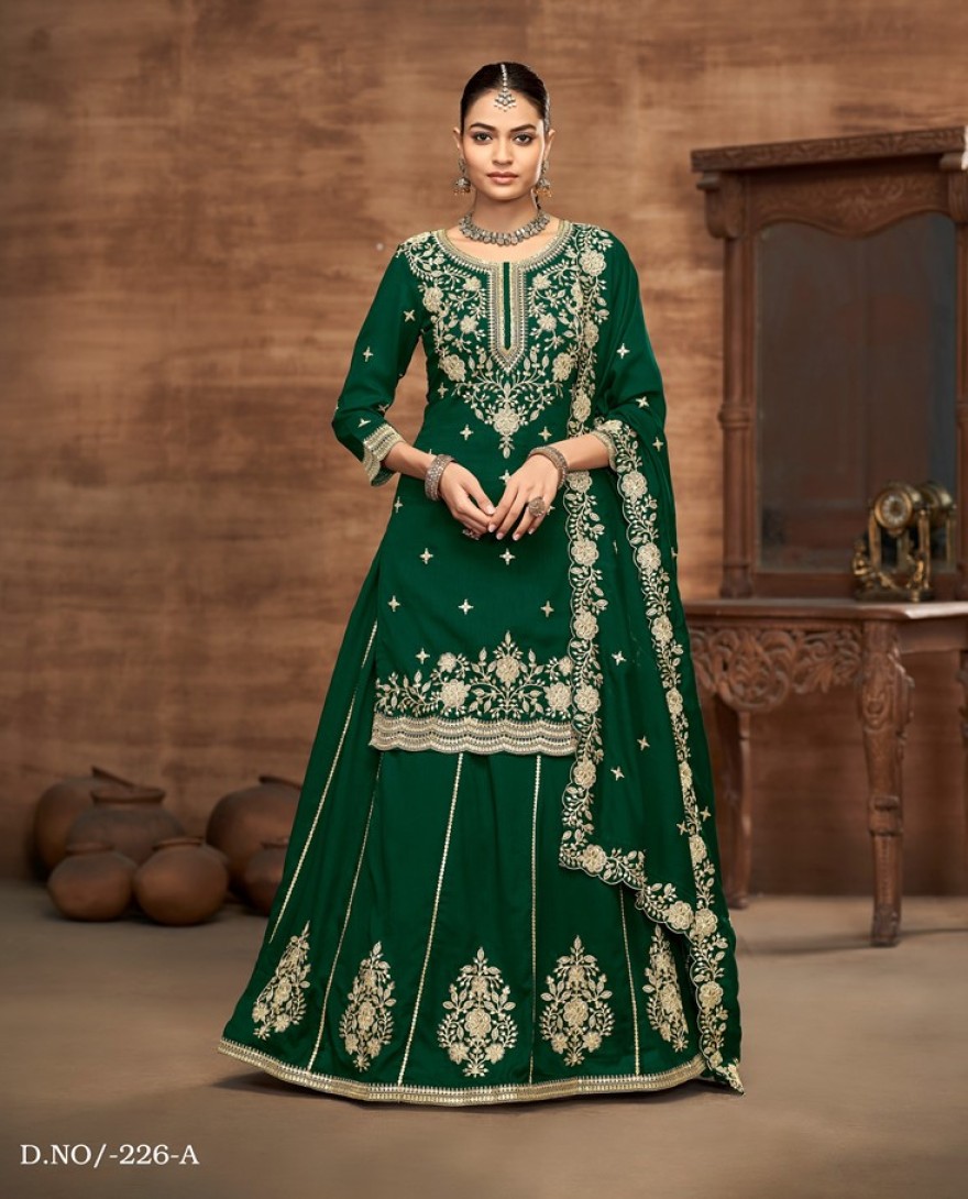 226-green  - Green Embroidered Traditional Sharara Style Suit.